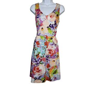 New Directions Dress 10 Sleeveless Fit & Flare Watercolor Floral Cotton
